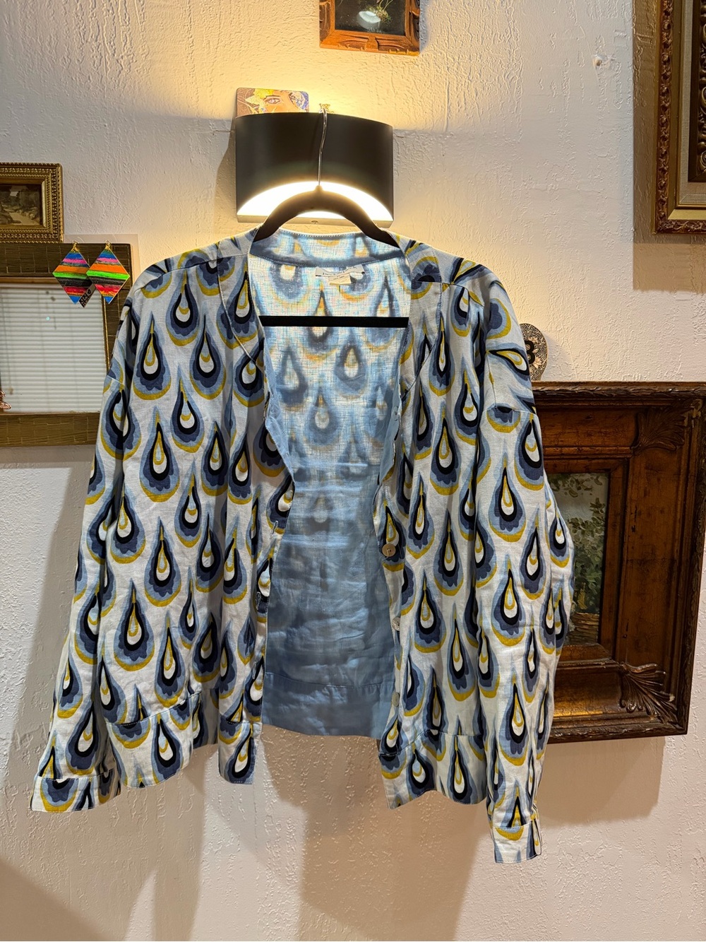 Light Blue Patterned Open Front Women's Top